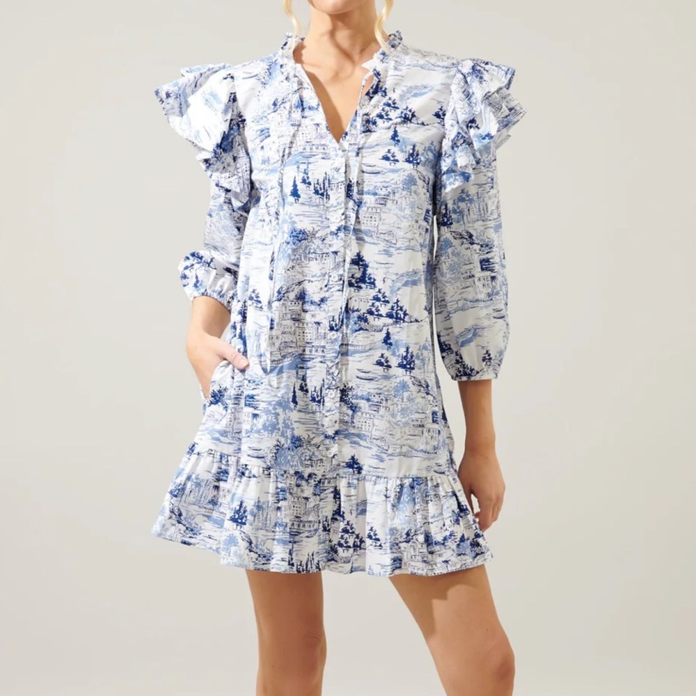 Sugarlips Francine Toile Sammy Ruffle Drop Waist Dress size‎ XL White Blue